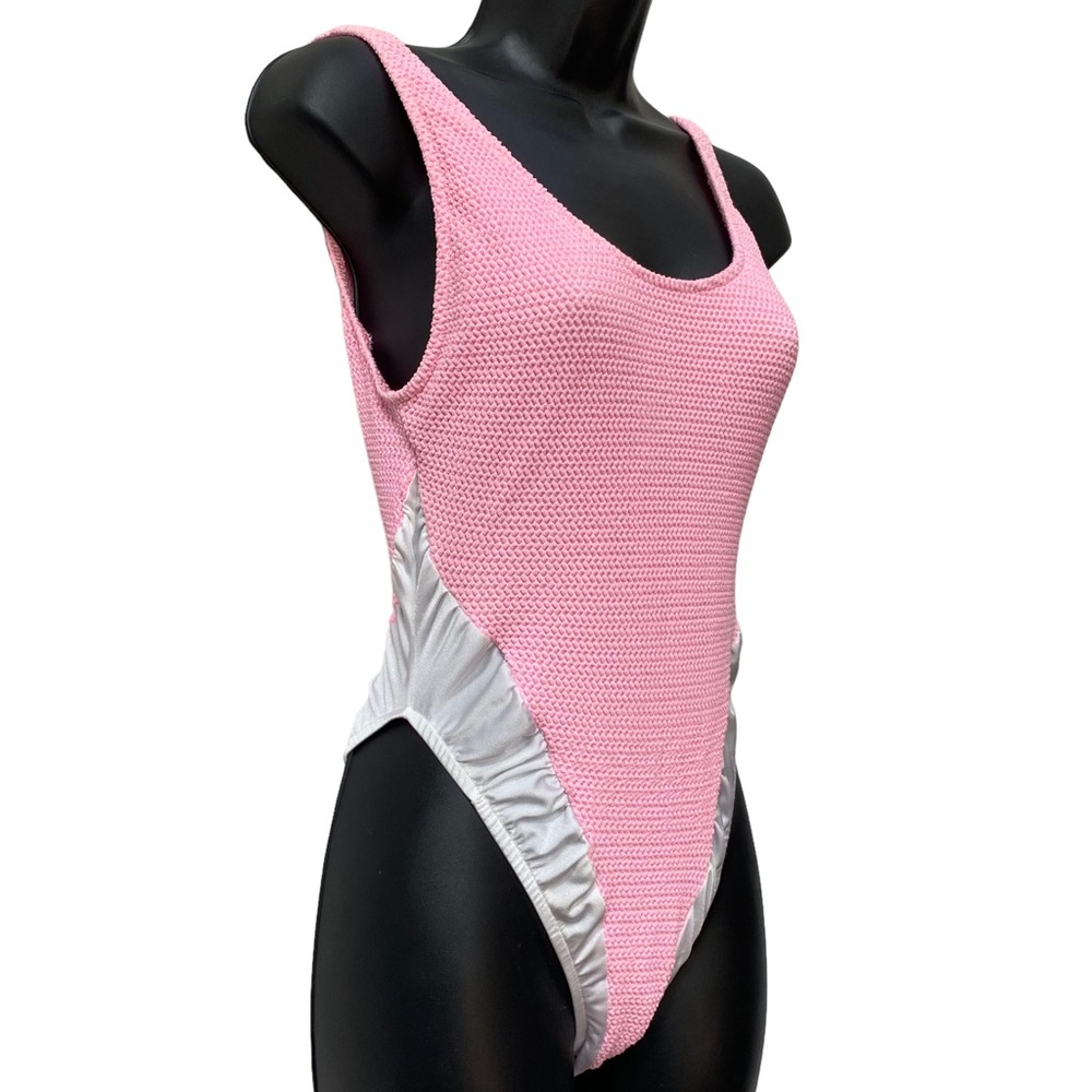 Vintage Pink Textured 1980s Jazzercise Leotard with White Ruched Details.